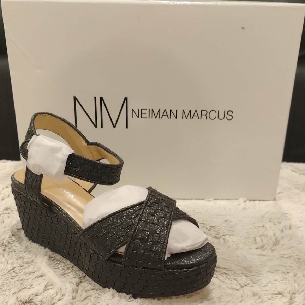 Neiman Marcus Black Woven Wedge Sandals